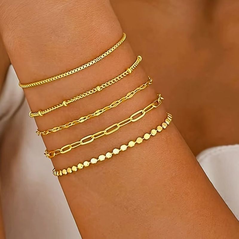 Neues fünfteiliges schlichtes kubanisches Armbandset im böhmischen Stil mit Goldkette_voghion.com
