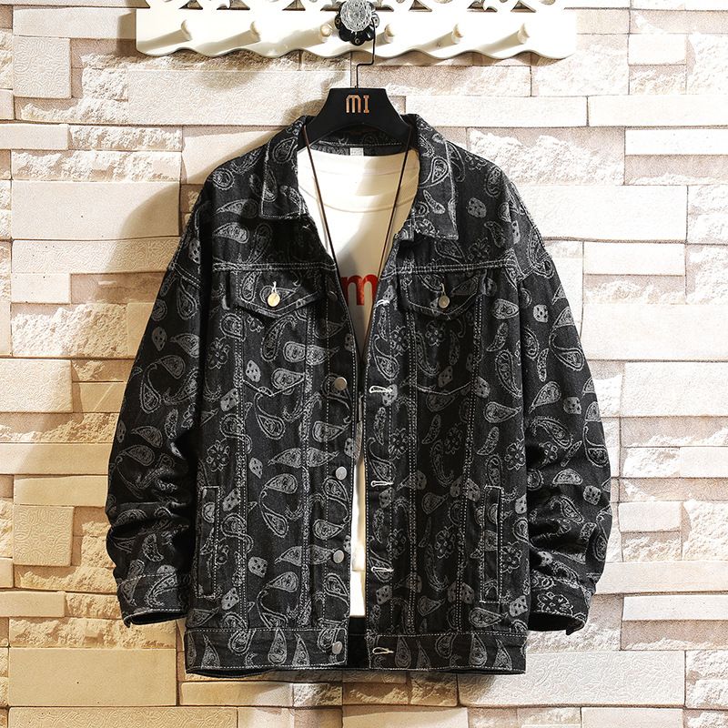 Herrenbekleidung Herren Herbst Große Herren Jeansjacke Herren Cashew Blumendruck Jugendmantel Studenten Jeansjacke_voghion.com