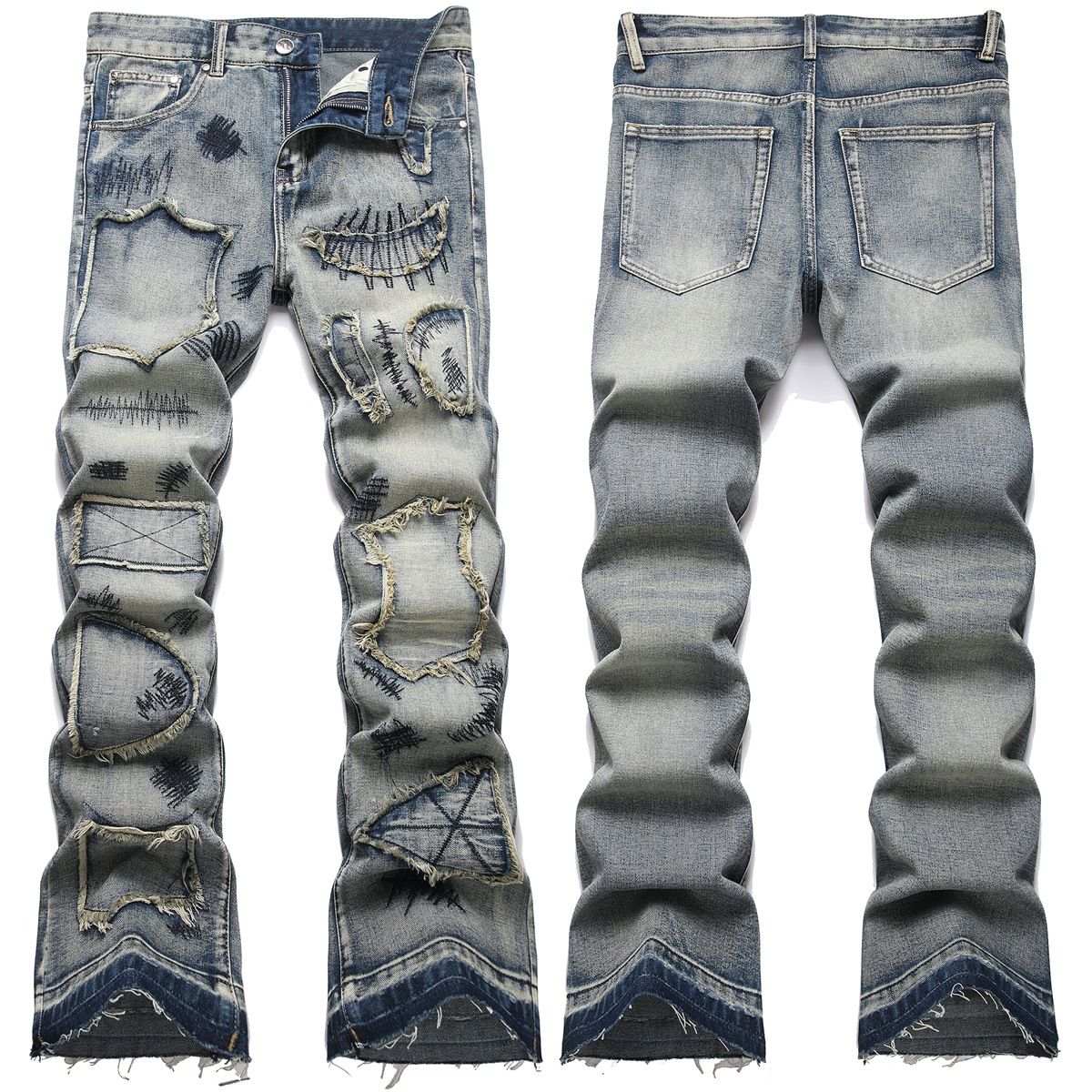 Men's Washed Blue Slim Fit Mid Waist Flared Denim Jeans - High Street Fashion With Embroidery Detail & Elastic Comfort_voghion.com