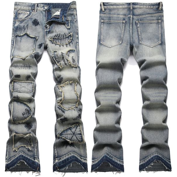 Men's Washed Blue Slim Fit Mid Waist Flared Denim Jeans - High Street Fashion With Embroidery Detail & Elastic Comfort_voghion.com
