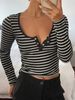 Kadın Siyah Beyaz Çizgili Yuvarlak Yaka Tişört - Günlük Giyim İçin Rahat Bol Kesim Temel Üst_voghion.com
