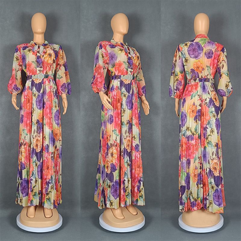 Damenbekleidung Schalkragen Temperament Puffärmel Taille Print Design Kleid_voghion.com
