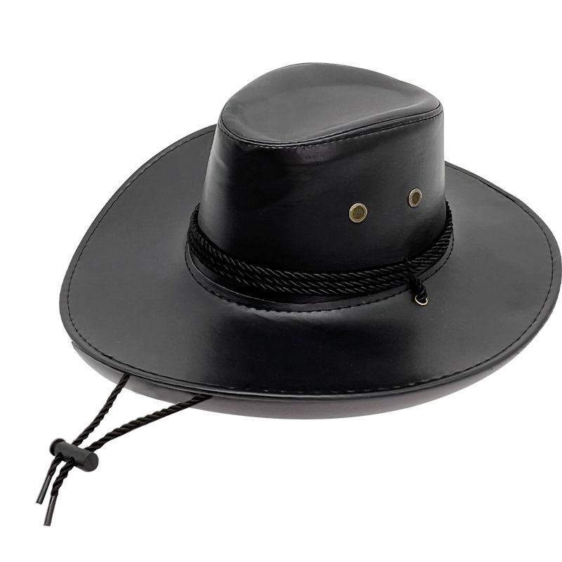 Unisex Western pu leather cowboy hat Male large brim Jazz hat Female outdoor outing shade knight hat_voghion.com