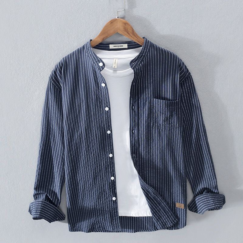 Abbigliamento maschile Camicia casual in cotone a righe con medaglie da uomo Camicia in cotone con colletto alto da uomo_voghion.com