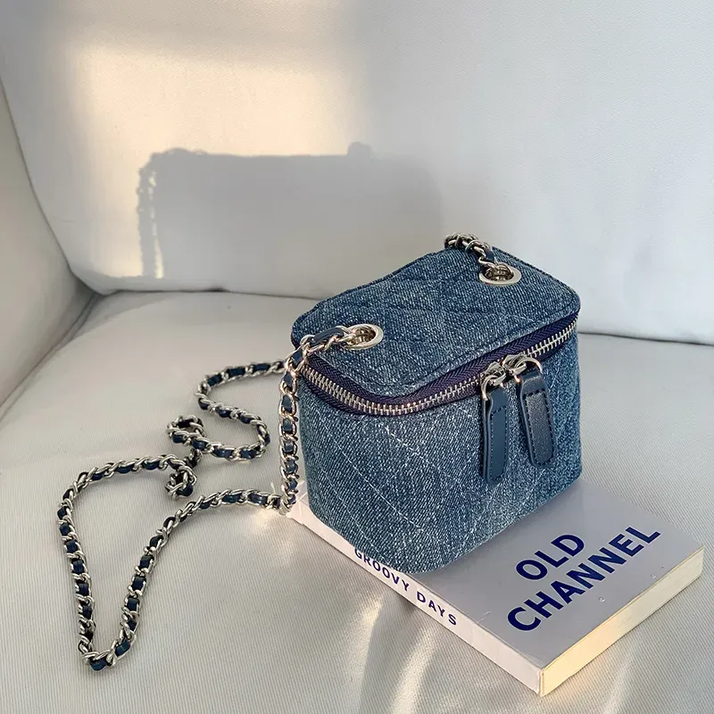 Kostenloser Versand Vintage gesteppte Mini Denim Box - Designer Crossbody Kette Geldbörse für Frauen, Retro Boho Chic Schultertasche_voghion.com