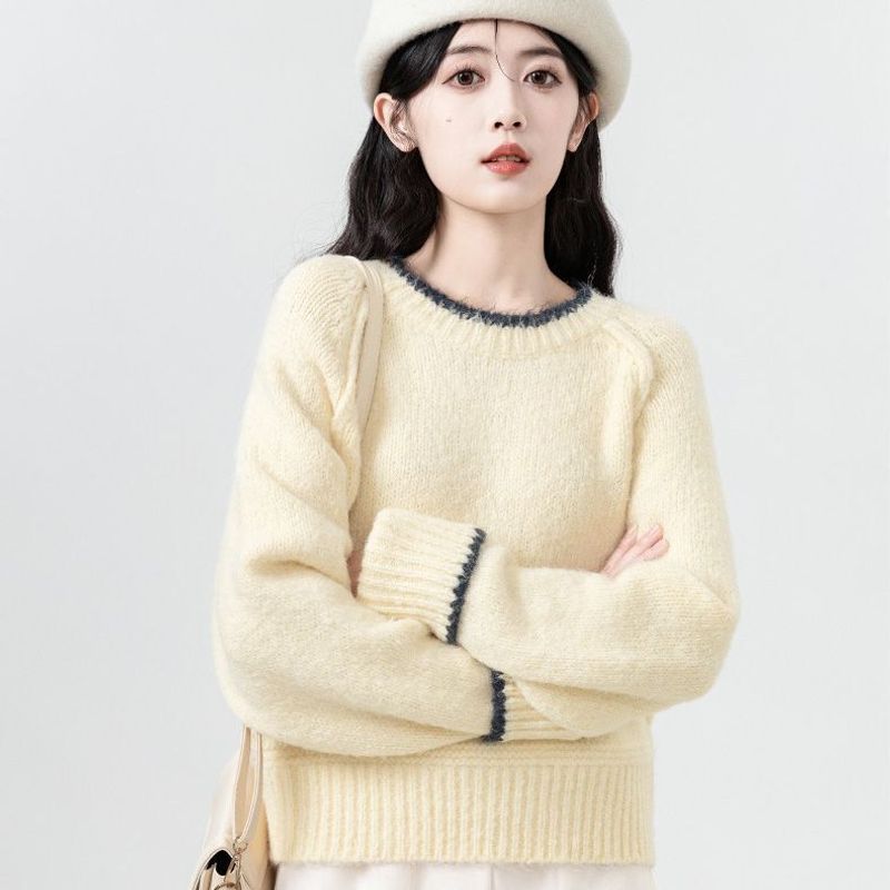 Short grey sweater for women in autumn and winter 2024, new lazy style, thick round neck, inner knit sweater, small top_voghion.com