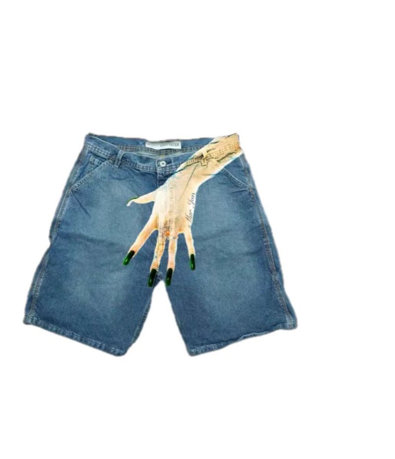 Men's Clothing Fashion Hip Hop Funny Pattern Printed High Street Wide Leg Denim Shorts_voghion.com