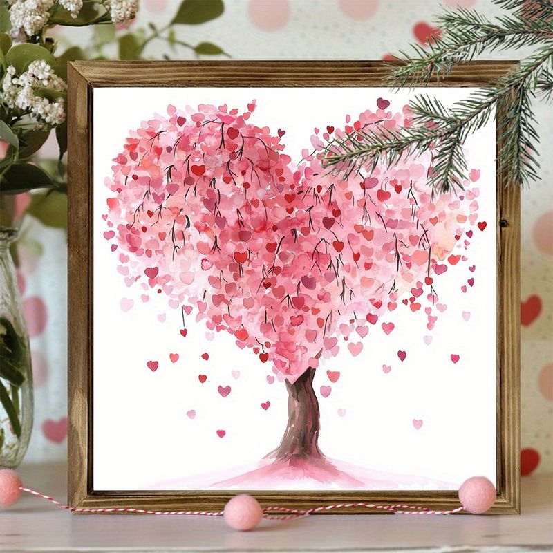 Sjarmerende innrammet skilt med rosa kjærlighetstre til Valentinsdagen - 20x20 cm veggkunst i tre i gårdshusstil og skrivebordsdekor - perfekt romantisk gave_voghion.com