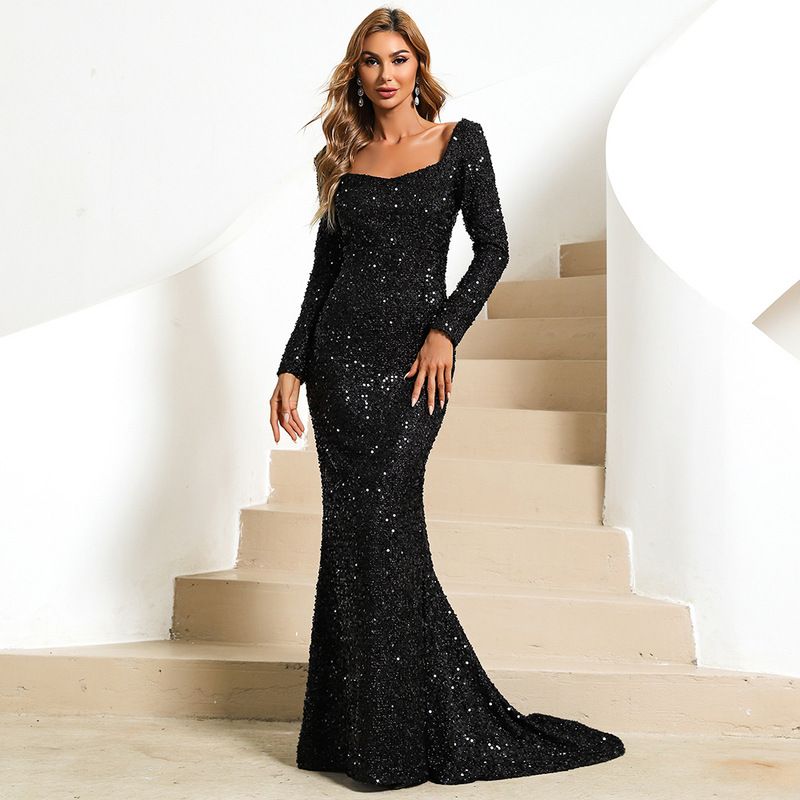 Damenbekleidung Meerjungfrau Einhals-Langarmkleid Mittellanger Hochzeits-Toastanzug Schwarzes Abendkleid_voghion.com