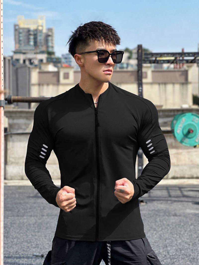 Men's Clothing Spring and Autumn Fitness Short Sleeve Trendy Elastic Training Clothes All match Loose Half Sleeve Sports Zipper Long Sleeve T shirt_voghion.com