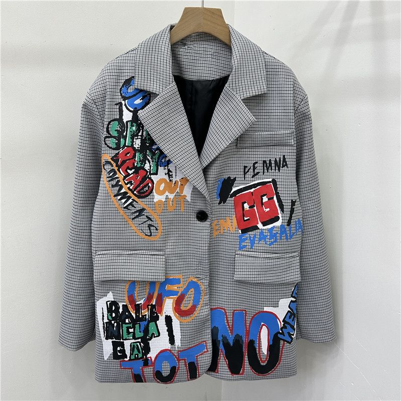 Vêtements pour femmes Niche Graffiti Design, Street Blasting Plaid Loose Suit_voghion.com