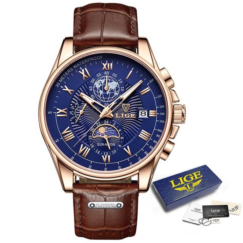 Men's Waterproof Luminous Chronograph Watch With Moon Phase & Leather Strap - Elegant Quartz Timepiece For Business & Casual Wear_voghion.com