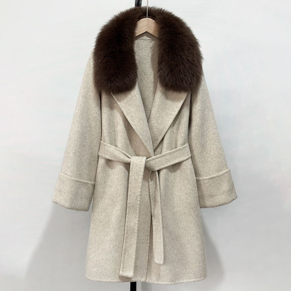 Fox Fur Hooded Coat – Reversible Cashmere Blend Oversized Trench For Petite Frames (65cm Length With Adjustable Belt For Effortless Volume Control)"_voghion.com