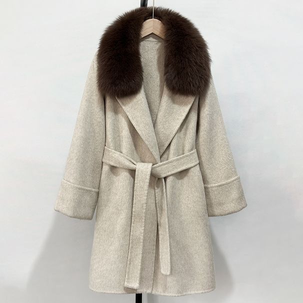 Fox Fur Hooded Coat – Reversible Cashmere Blend Oversized Trench For Petite Frames (65cm Length With Adjustable Belt For Effortless Volume Control)"_voghion.com