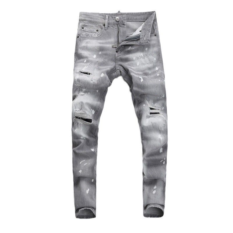 Herrenbekleidung Street Fashion Jeans Herren Hellgrau Washed Hole Patch Paint Trendy Brand Elastic Tight Skinny Pants Herren_voghion.com