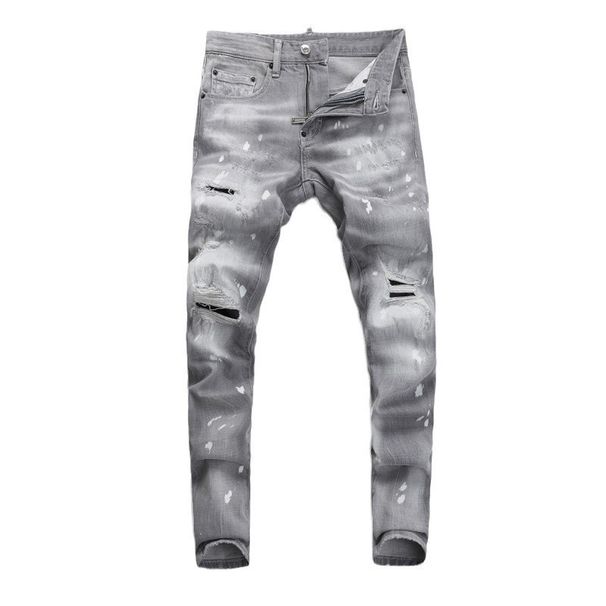 Herrenbekleidung Street Fashion Jeans Herren Hellgrau Washed Hole Patch Paint Trendy Brand Elastic Tight Skinny Pants Herren_voghion.com
