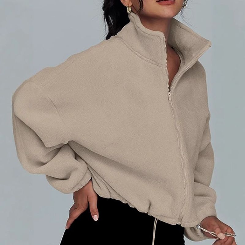 Damenbekleidung, Sportpullover in Übergröße, Herbst- und Winteroberteil mit Stehkragen, lockere und warme Freizeitjacke aus Samt für Damen_voghion.com
