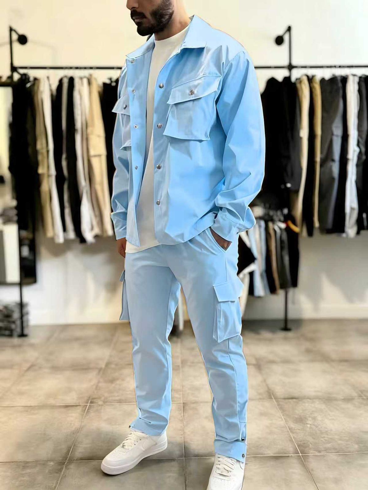 Conjunto de ropa de trabajo informal para hombre: chaqueta multibolsillos y pantalón (azul/negro/caqui/azul marino, tallas S-XXXL)_voghion.com