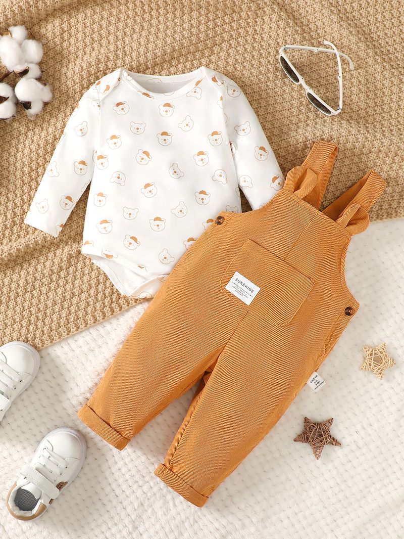 3-24 Months Toddler Baby Boy and Girl 2pcs Clothes Set Bear Print Bodysuit with Green Overall Fashion Cute Autumn&Winter Wear_voghion.com
