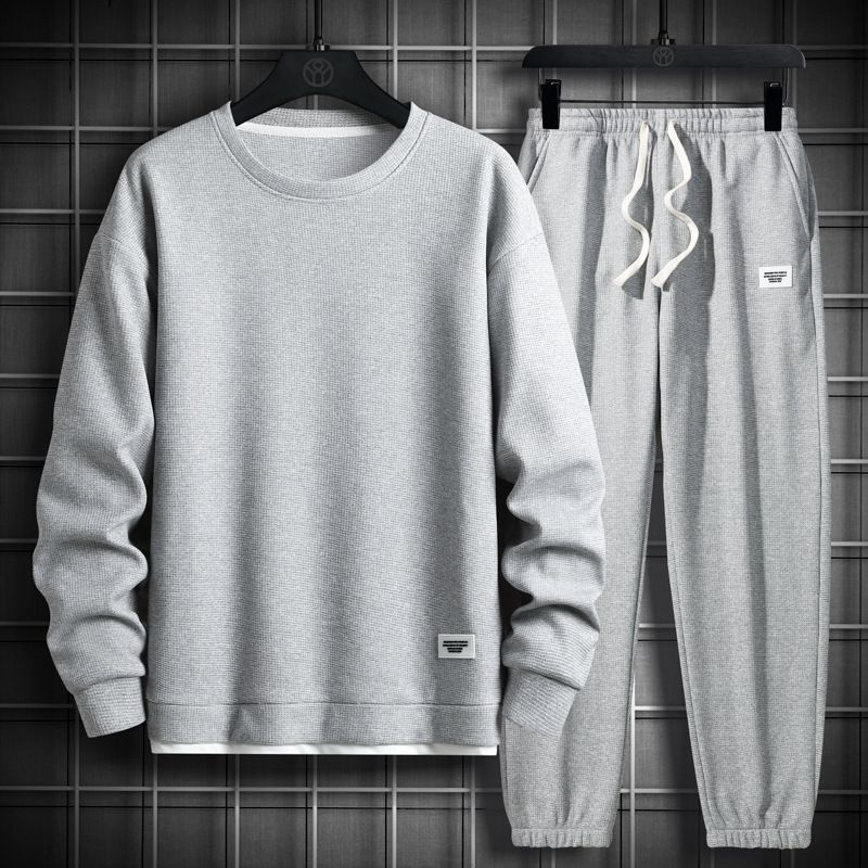 Ensemble deux pièces décontracté pour homme, sweat à capuche et pantalon à col ras du cou, style gaufré_voghion.com