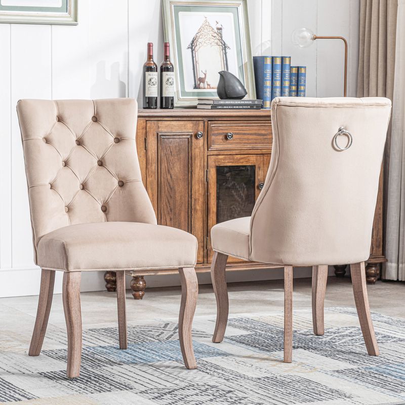 4-Fußstuhl, Stuhl Beige Samt Esszimmerstuhl,hohe Rückenlehne, Mit Knopfsteppung, Gestell Aus Massivholz, Beige(Set, 2 St)_voghion.com