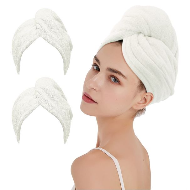 Asciugamano per capelli in microfibra da donna - Spesso e ultra assorbente con elastico per un'asciugatura rapida (fodera in pile corallo, leggero, a turbante)_voghion.com