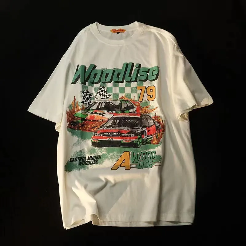 Kid's Clothing retro fashion brand new racing print loose trendy male and female student T-shirt couple wear pure cotton short sleeve_voghion.com