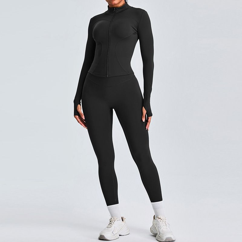 Nueva chaqueta de yoga ajustada para mujer, chaqueta deportiva para exteriores, pantalones de yoga de moda color melocotón, traje deportivo para correr_voghion.com