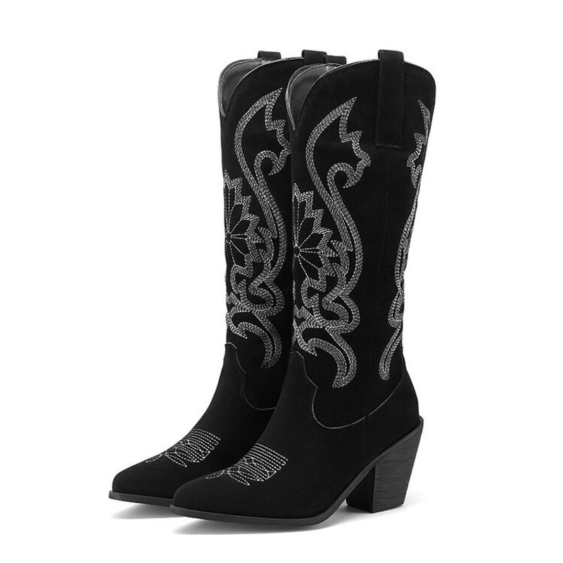 Suede denim pointed embroidered western boots with chunky mid-heel mid-calf fashion boots_voghion.com