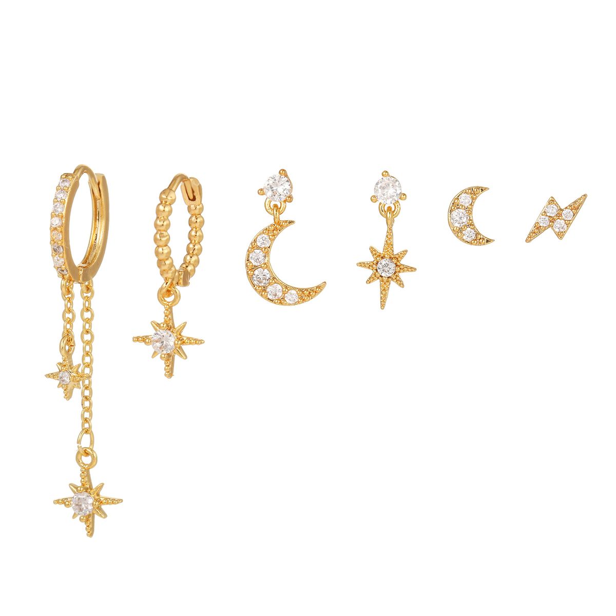 Star And Moon Chain Tassel Six Pointed Star Personality Fashion Zircon Set Female Earrings_voghion.com