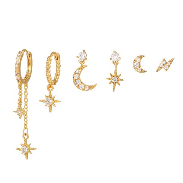 Star And Moon Chain Tassel Six Pointed Star Personality Fashion Zircon Set Female Earrings_voghion.com
