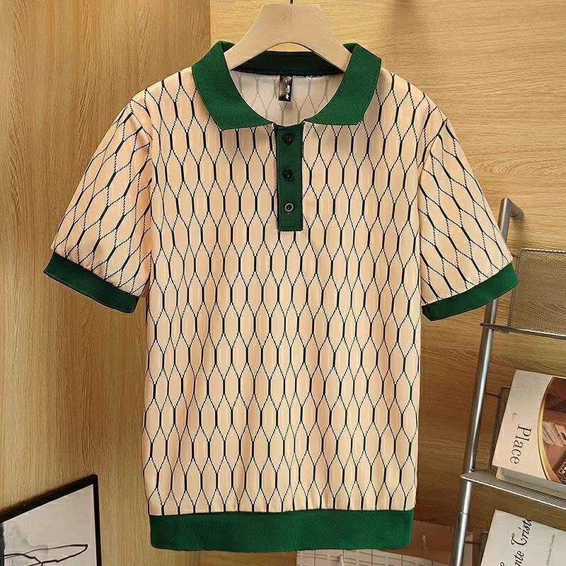 Herenkledingwinkel 268! Contrasterende kleur geruite high-end gebreide korte mouwen T-shirt heren zomer stijl mode jeugd veelzijdige tops_voghion.com