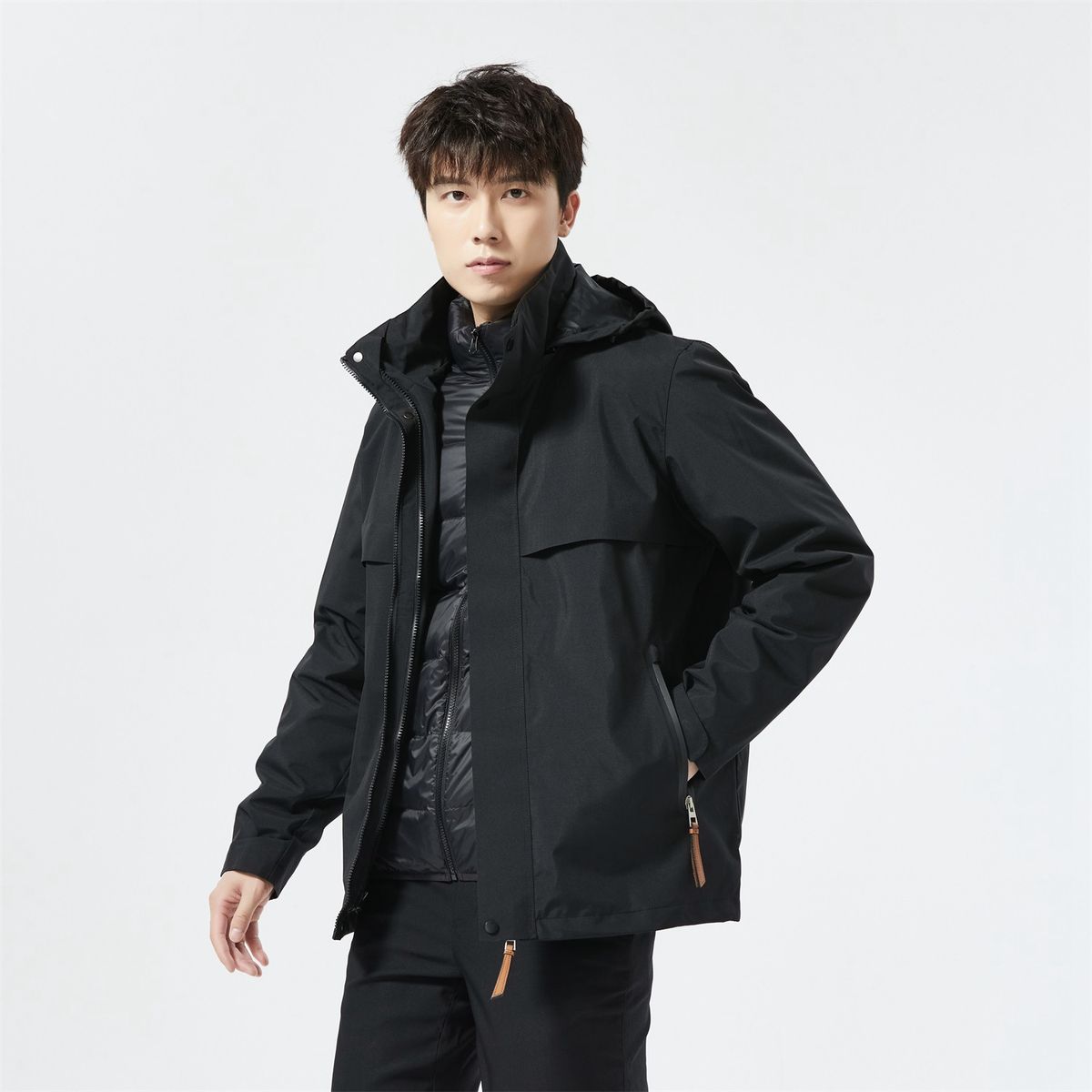 Men's 3-in-1 Waterproof Hiking Jacket With Detachable Down Liner - All-Season Windproof Shell For Mountaineering, Skiing & Urban Commute (Black/Camo)_voghion.com