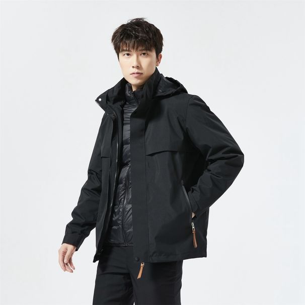 Men's 3-in-1 Waterproof Hiking Jacket With Detachable Down Liner - All-Season Windproof Shell For Mountaineering, Skiing & Urban Commute (Black/Camo)_voghion.com