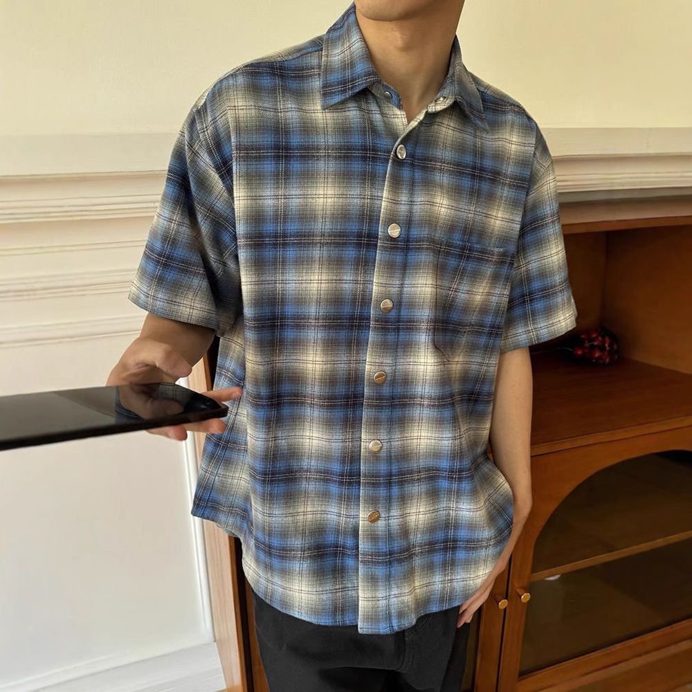 Flannel Blue Checkered Short Sleeved Shirt Men's Summer Checkered Shirt Jacket_voghion.com