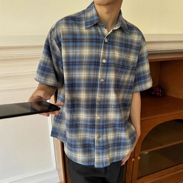 Flannel Blue Checkered Short Sleeved Shirt Men's Summer Checkered Shirt Jacket_voghion.com