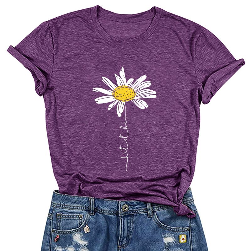 Round Neck Daisy Print Casual T-Shirt_voghion.com