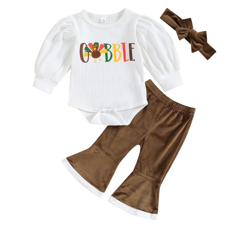 Autumn and Winter Baby clothes Thanksgiving Turkey print long sleeve onesie + flared pants three-piece set_voghion.com
