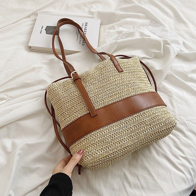 Neue modische, aus Papierseil gefertigte, einzelne Schultertasche mit großer Kapazität für Damen, vielseitige, lässige Strandtasche aus gewebtem Lederstroh_voghion.com
