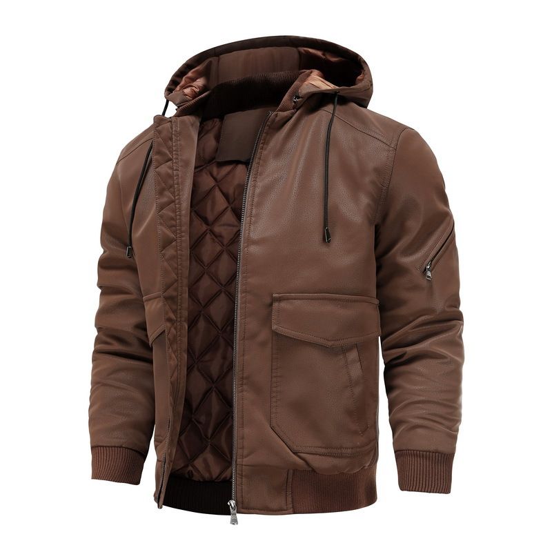Herren Winter Bomberjacke – Verdickter PU-Leder Motorradmantel (S-4XL, Schwarz/Dunkelbraun, Winddicht & Wasserabweisend)_voghion.com