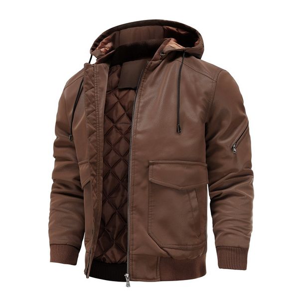 Herren Winter Bomberjacke – Verdickter PU-Leder Motorradmantel (S-4XL, Schwarz/Dunkelbraun, Winddicht & Wasserabweisend)_voghion.com