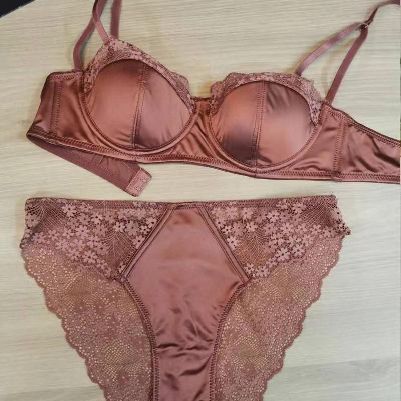Women's Intimates Sexy Glossy Lace Edge French Bra Set Hot Style Thin Big Chest Small Underwear Women_voghion.com