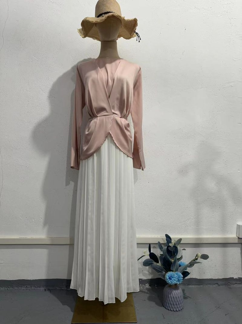 Women's Clothing Autumn Contrast Color Pleated Long Skirt Elegant Suit Long Sleeve Dress_voghion.com