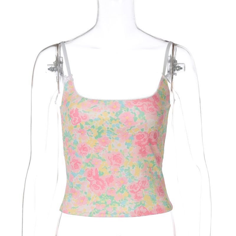 Shemoda Summer Pure Desire Sweet And Spicy Style Printed Camisole For Women With Design Sense Bowknot Lace Trim Slim Top_voghion.com