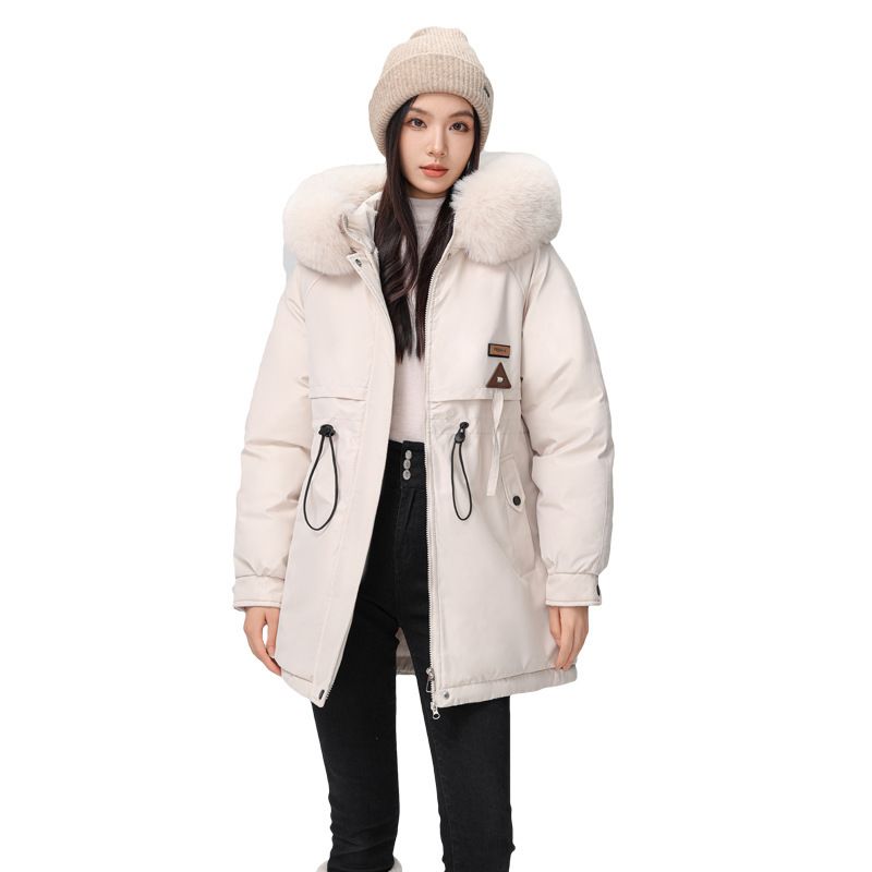 Damen-Winterparka mit Fleecefutter, lange Pufferjacke, Reißverschluss, lockere Passform, Polyester-Außenmaterial, Schwarz/Weiß/Braun/Khaki​_voghion.com