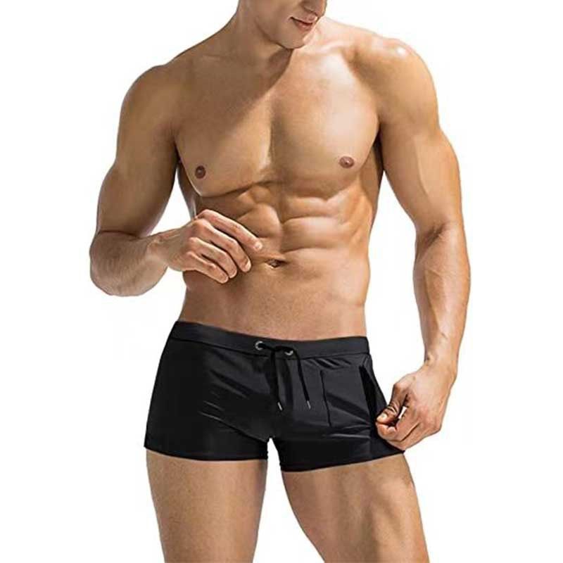 2024 Herrenbekleidung Herren-Badehose, hohe Taille, enge Boxershorts mit Schnürung, modische, einfarbige Fünf-Punkt-Freizeithose_voghion.com