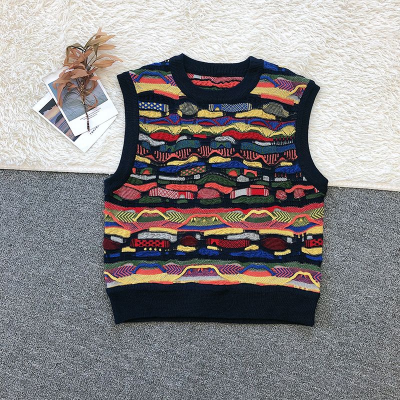 Cardigan gilet versatile e alla moda, lavorato a maglia, stampato, stile nazionale retrò coreano, a righe colorate_voghion.com