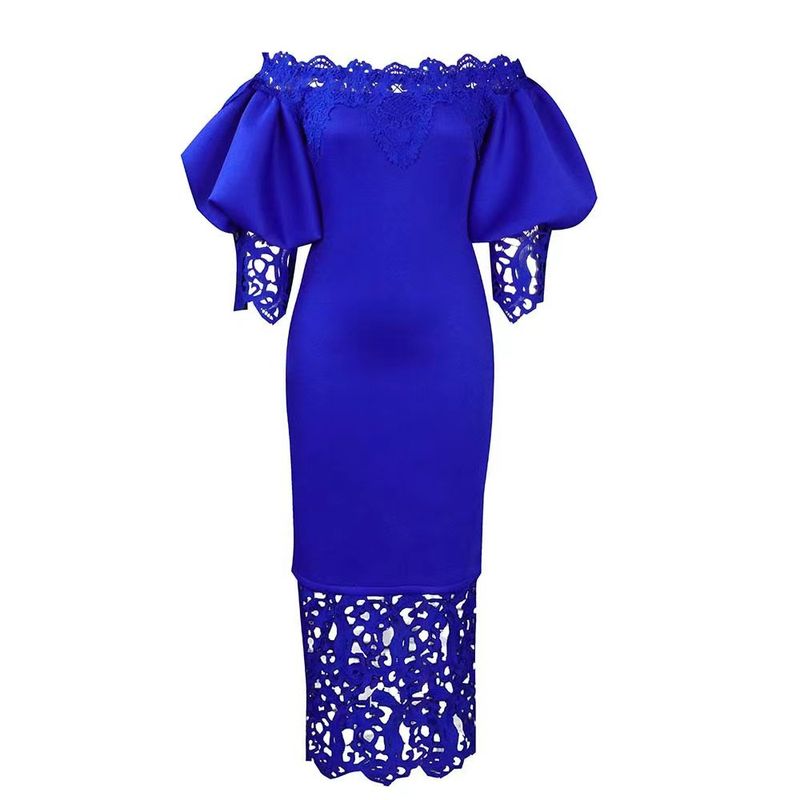 One-shoulder off-shoulder hip lace splicing lantern sleeve dress bandage skirt_voghion.com