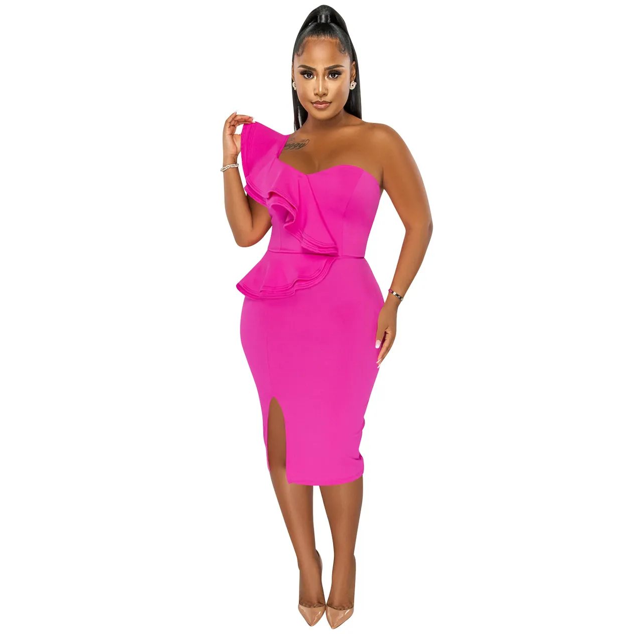 Women's Clothing fashion casual ruffled slit one shoulder sleeve dress women's clothing_voghion.com