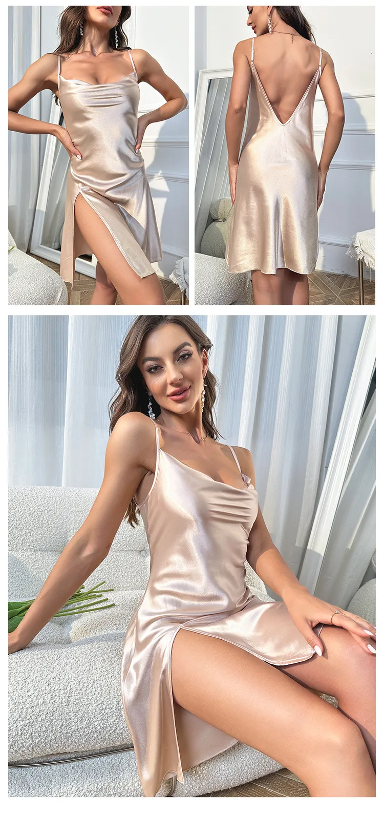 Women's Sleepwears Sexy Slit Suspender Skirt Simulated Silk Nightgown For Women Summer Home Backless Suspender Pajamas_voghion.com